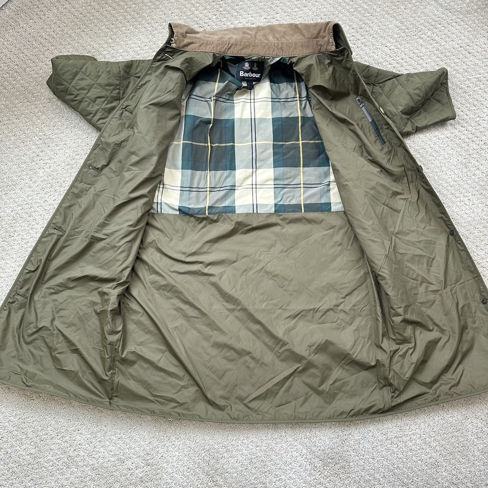 BARBOUR Lockton Corduroy-Trim Quilted Coat Women's 8 Olive Green Cropped Sleeve - Picture 2 of 13
